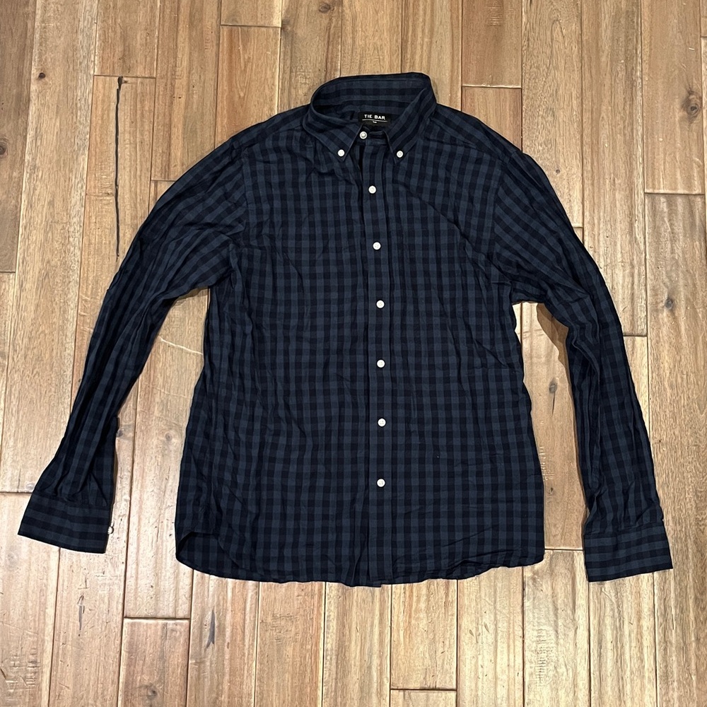 Tie Bar Trim Fit Plaid Gingham Navy Long Sleeve Button Down Collar Shirt Size M